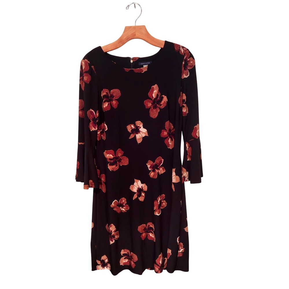 Tommy Hilfiger Womens‎ 10 Black Floral Bell Sleeve Shift Dress Orange Tan Print